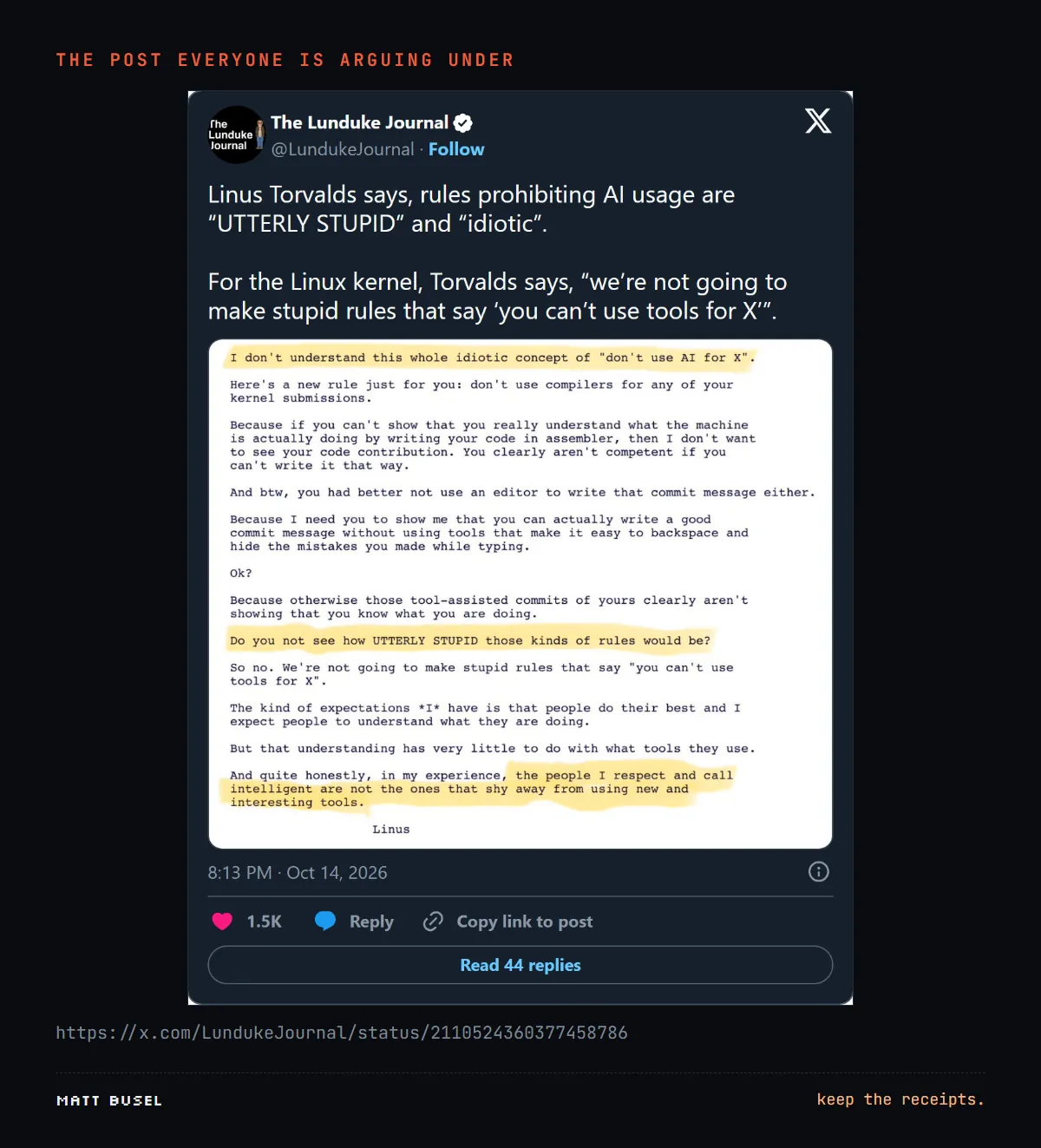 Screenshot of a Lunduke Journal post: Linus Torvalds says rules prohibiting AI usage are UTTERLY STUPID and idiotic, with his mailing list reply highlighted; 1.5K likes, 44 replies.